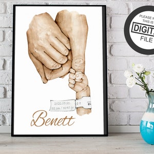 Póster de nacimiento de bebé, mamá, papá, niño y niña, arte de pared familiar diminuto, padres de guardería para recién nacidos tomados de la mano de bebés prematuros, papá, mamá