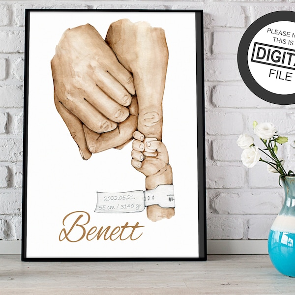 Baby Birth Poster, Mama Papa boy and girl, Tiny family wall Art, Newborn Nursery Parents Holding Preemie Hands, Dad Mum