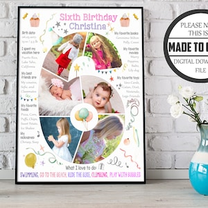 Collage fotografico personalizzato per il sesto compleanno della bambina, cartello sulla lavagna per la foto della figlia di sei anni, pietra miliare digitale