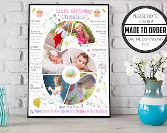 Girl's 6th Birthday Photo Collage: Chalkboard Milestone Sign (Digital Download)