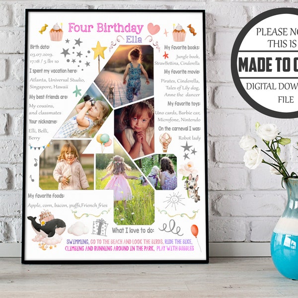 Custom girl 4 forth birthday milestone photo collage poster, Chalkboard sign for 4th four years children, Digital file