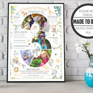 Collage di numeri safari personalizzato per il terzo compleanno, tema giungla leone scimmia cartello per regalo di compleanno importante per bambini di tre anni