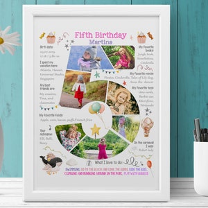Custom girl five years old birthday number photo collage, 5th Chalkboard Sign Milestone Poster, Digital picture decor