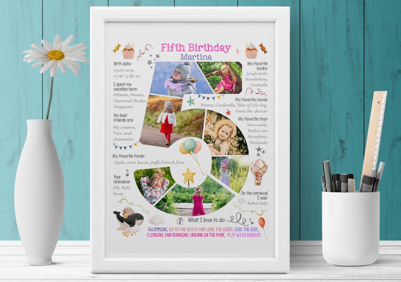 Custom girl five years old birthday number photo collage, 5th Chalkboard Sign Milestone Poster, Digital picture decor