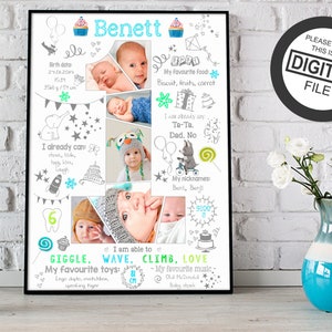 Custom boy first birthday photo collage, Chalkboard sign for 1st one year toddler baby, Picture digital poster milestone