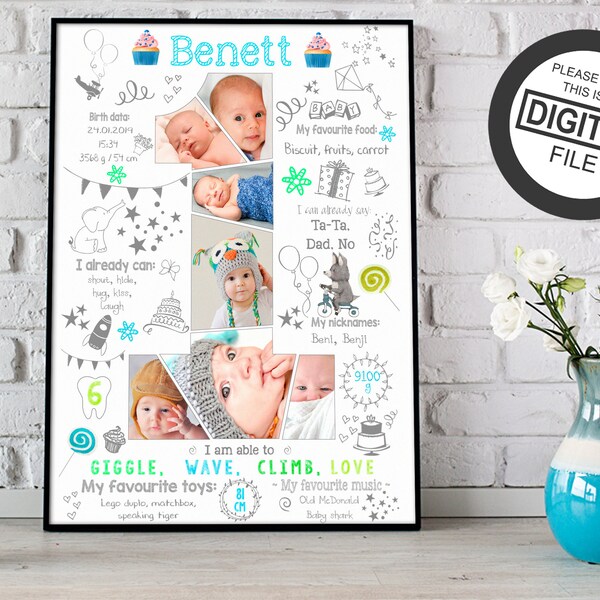 Custom boy first birthday photo collage, Chalkboard sign for 1st one year toddler baby, Picture digital poster milestone