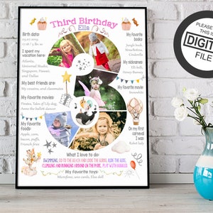 Custom girl third birthday photo collage, Chalkboard sign for 3rd three years toddler, Picture digital poster milestone