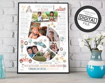 Race Car 5th Birthday Photo Collage: Custom Chalkboard Sign (Digital Download)