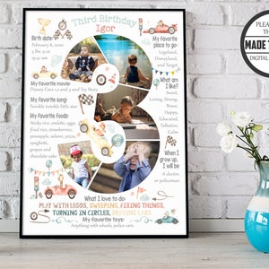 Tema gara automobilistica per bambino di 3 anni. Collage fotografico personalizzato per il terzo compleanno di un bambino, cartello con lavagna per il terzo figlio, poster traguardo.