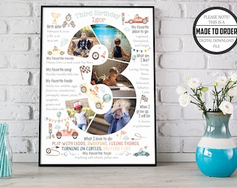 May include: A personalized third birthday poster featuring a collage of photos of a young boy. The poster includes details about the boy's favorite things, including his favorite foods, songs, and activities. The poster is decorated with a car theme and includes the text "Third Birthday Igor".