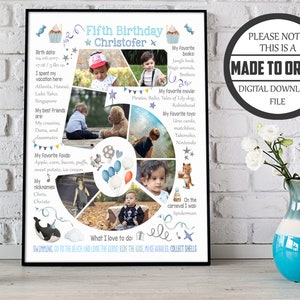 Collage fotografico personalizzato per il quinto compleanno di un bambino di 5 anni, cartello sulla lavagna per il quinto compleanno di un bambino di 5 anni, poster digitale con foto del traguardo