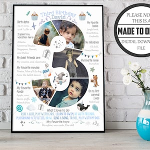 Bambino di 3 anni Foto collage personalizzato per il numero del 3° compleanno del bambino, cartello sulla lavagna per il 3° figlio di tre anni, poster di traguardo