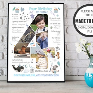Collage de fotos personalizado para el cuarto cumpleaños de un niño de 4 años, letrero de pizarra para el cuarto hijo de cuatro años, póster digital con imagen de hito