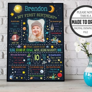 Collage fotografico con numeri di compleanno di un bambino di un anno, cartello sulla lavagna per il primo figlio del primo anno Immagine poster digitale sistema solare pianeti