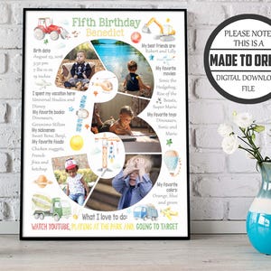 May include: A colorful printable birthday poster for a 5-year-old boy named Benedict. The poster features photos of the boy, his favorite things, and activities he enjoys. The poster is decorated with watercolor illustrations of a tractor, a construction vehicle, a hot air balloon, and a planet.