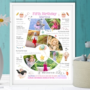 Custom girl five years old birthday number photo collage, 5th Chalkboard Sign Milestone Poster, Digital picture decor