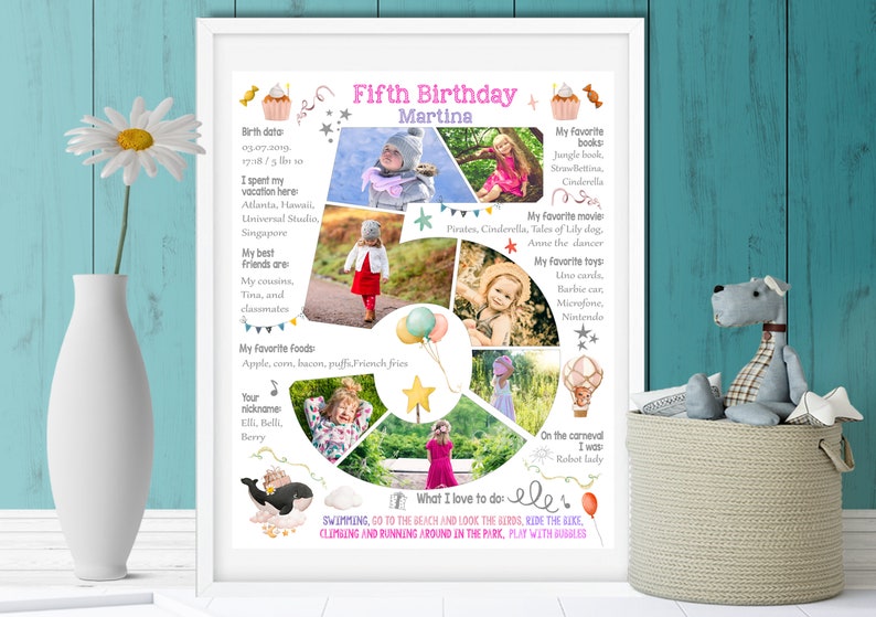 Custom girl five years old birthday number photo collage, 5th Chalkboard Sign Milestone Poster, Digital picture decor