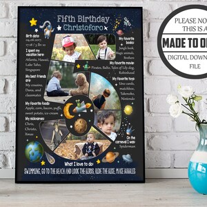 Collage de fotos con números del quinto cumpleaños de un niño personalizado, cartel de pizarra para el quinto cumpleaños de su hijo, imagen digital, planetas del sistema solar