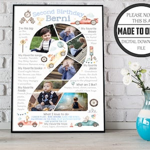 Collage fotografico personalizzato per il secondo compleanno di un bambino, cartello sulla lavagna per auto da corsa, poster digitale per bambini di 2 anni, pietra miliare