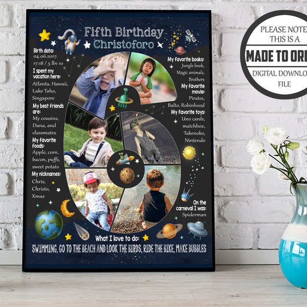 Custom boy sixth birthday number photo collage, Chalkboard sign to 6th six years sons Picture digital poster solar system planets