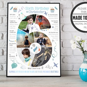 Collage fotografico personalizzato per il sesto compleanno del ragazzo, cartello sulla lavagna per il sesto compleanno, poster digitale con foto del figlio di sei anni
