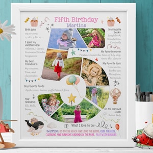 Custom girl five years old birthday number photo collage, 5th Chalkboard Sign Milestone Poster, Digital picture decor