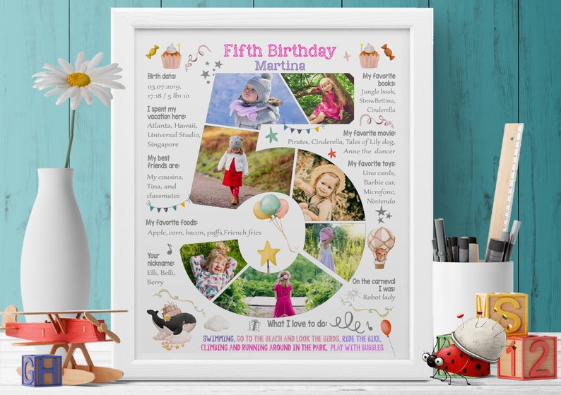 Custom girl five years old birthday number photo collage, 5th Chalkboard Sign Milestone Poster, Digital picture decor