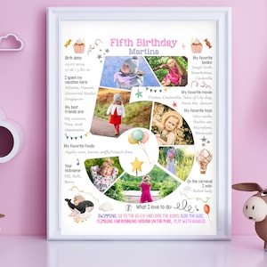 Custom girl five years old birthday number photo collage, 5th Chalkboard Sign Milestone Poster, Digital picture decor