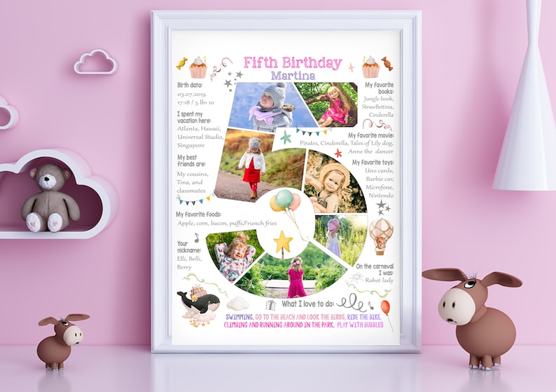 Custom girl five years old birthday number photo collage, 5th Chalkboard Sign Milestone Poster, Digital picture decor