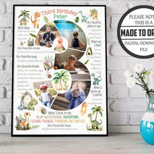 Tema di compleanno dei dinosauri per bambini di 3 anni, collage fotografico personalizzato per il terzo compleanno di un bambino, cartello con lavagna per i tre anni per il terzo figlio, poster per traguardo