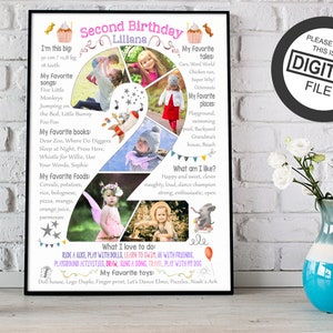 Custom girl second birthday photo collage, Chalkboard sign for 2nd two years toddler, Picture digital poster milestone