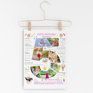 Custom girl five years old birthday number photo collage, 5th Chalkboard Sign Milestone Poster, Digital picture decor