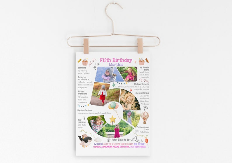 Custom girl five years old birthday number photo collage, 5th Chalkboard Sign Milestone Poster, Digital picture decor