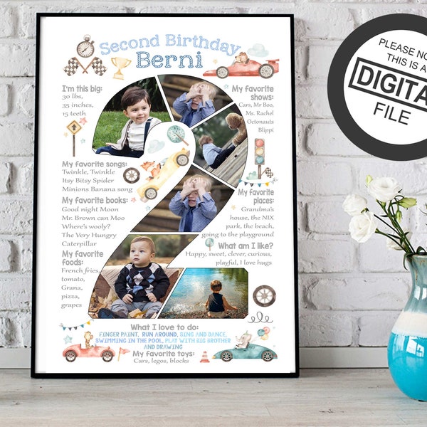 Custom boy second birthday photo collage, Race cars Chalkboard sign 2nd two years toddler Picture digital poster milestone