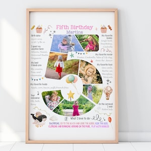 Custom girl five years old birthday number photo collage, 5th Chalkboard Sign Milestone Poster, Digital picture decor