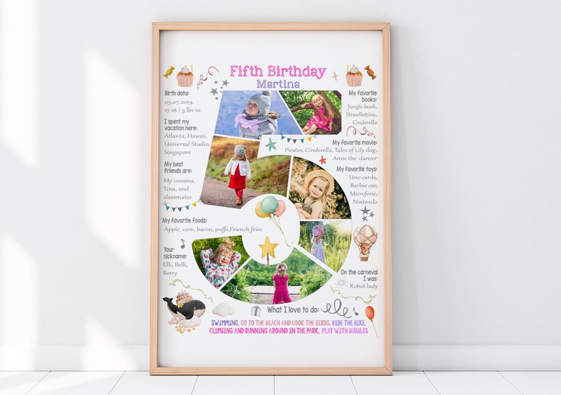 Custom girl five years old birthday number photo collage, 5th Chalkboard Sign Milestone Poster, Digital picture decor