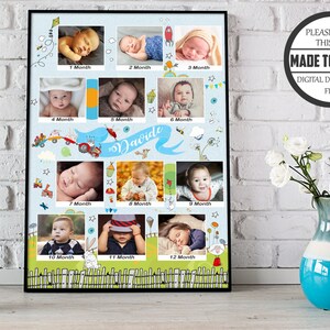 Collage fotografico personalizzato per il primo compleanno di un bambino, cartello sulla lavagna per il primo anno di vita del bambino, poster digitale con foto per il traguardo