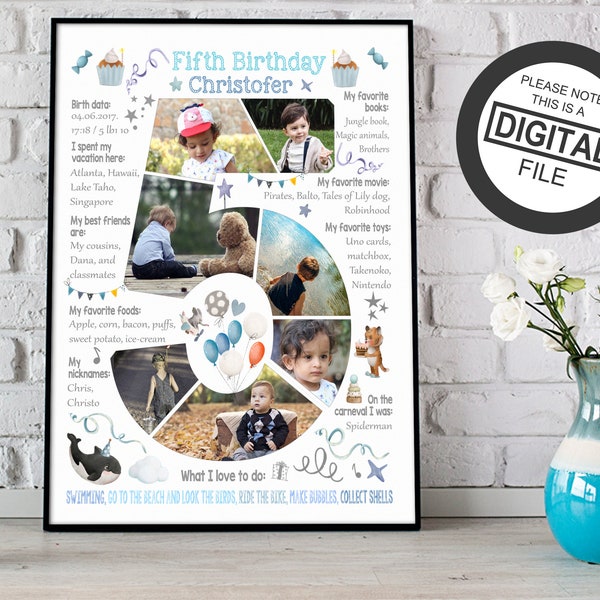 Custom boy fifth birthday number photo collage, Chalkboard sign to 5th five years sons Picture digital poster milestone