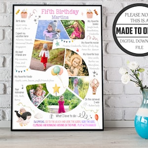 Collage fotografico personalizzato con numero di compleanno di una bambina di cinque anni, poster per il quinto compleanno con lavagna, decorazione con immagine digitale