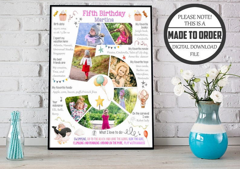 Custom girl five years old birthday number photo collage, 5th Chalkboard Sign Milestone Poster, Digital picture decor