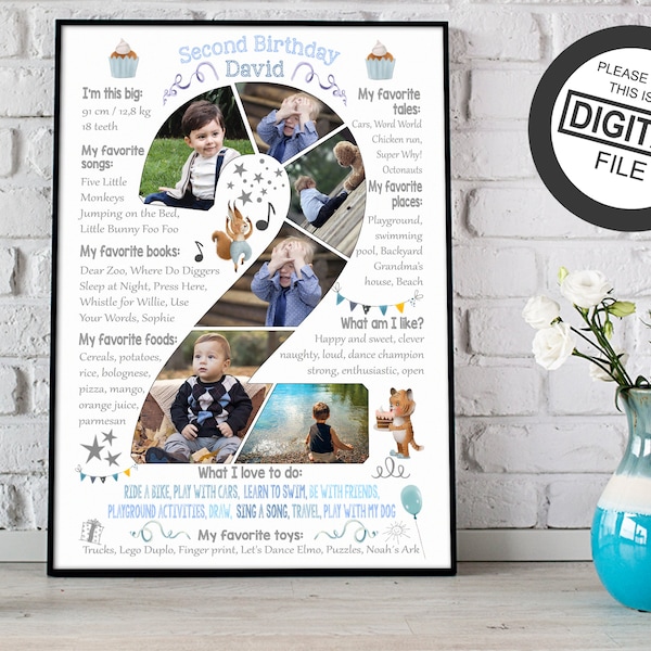 Custom boy second birthday photo collage, Chalkboard sign for 2nd two years toddler, Picture digital poster milestone