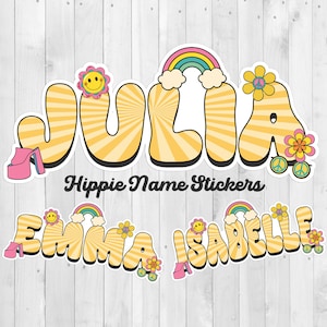 Retro Name Sticker - Personalized Hippie Decal, Waterproof Vinyl, Vintage Rainbow Label, Groovy 70s Aesthetic Gift