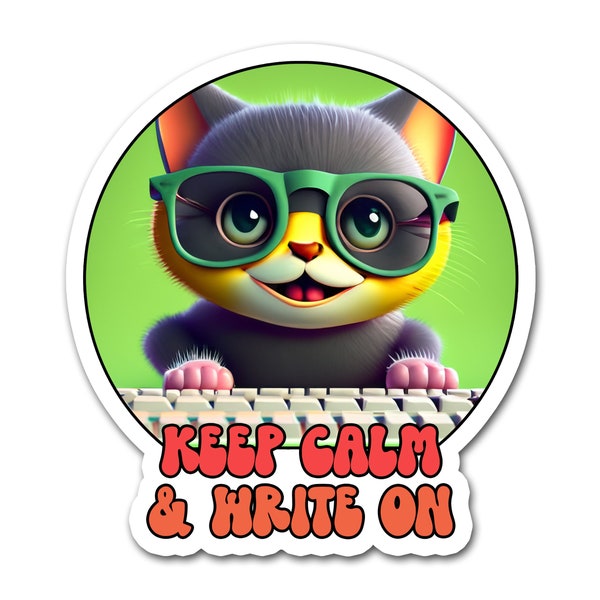 Writer Sticker, Keep Calm Write On Cool Cat Water Bottle Sticker, Motivational Sticker for Laptop, Decal for Writing Club, Writer Gift