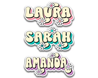 Custom Daisy Retro Name Sticker, Waterproof Groovy Cursive Font Decal for Cups & Journals