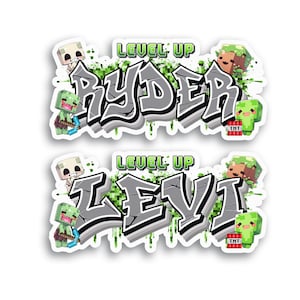 May include: Two Minecraft-themed name decals with a green pixelated background. The top decal says "LEVEL UP RYDER" and the bottom decal says "LEVEL UP LEVI". Both decals feature a green creeper, a skeleton, and a block of dirt with a face.