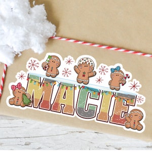 Cute Christmas Name Sticker, Custom Text  Stickers, Water Bottle Sticker, Gift Bag Tag Label, Xmas Decal, Aesetitic Holiday Gingerbread