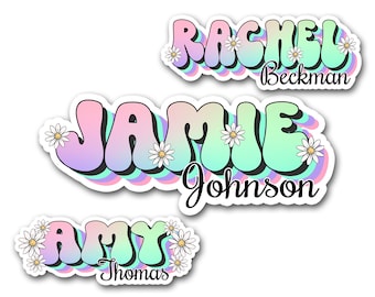 Retro First Last Name Sticker, Custom Text Sticker, Rainbow Personalized Sticker, Laptop Sticker, 60s Hippie Sticker, Daisy Vintage Sticker