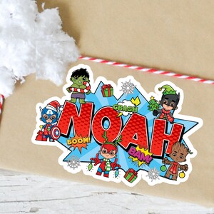 Christmas Superhero Name Sticker: Personalized Comic Book Decal