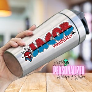 Superhero Name Sticker, Custom Waterproof Vinyl Decal, Comic Book Theme Spider, Water Bottle Gift, Laptop Label, School, Party Favor