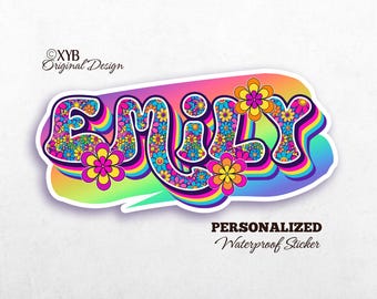 Personalized Rainbow Name Sticker: Groovy Floral Waterproof Vinyl Decal